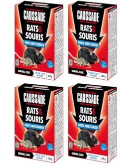 Boîtes de Gaussade Rats & Souris Forte Infestation, 4 emballages identiques affichant un rat noir sur fond rouge et noir, dimensions 300 g.
