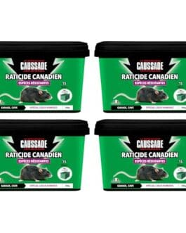 Raticide canadien Caussade en 4 pots verts avec couvercles noirs, destinés au contrôle des rattes et nuisibles, étiquette verte et logo Caussade.