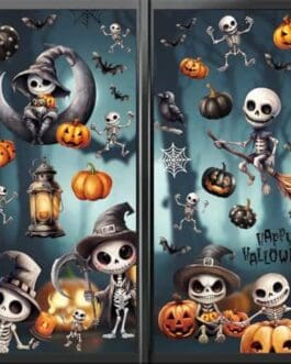 Décor Halloween Diproclean : squelettes, chauves-souris et lanternes lumineuses dans une ambiance nocturne.