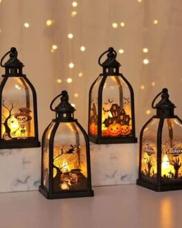 Lanterne décorative lumineuse avec silhouettes automnales et citrouilles, ambiance chaleureuse pour Halloween et fêtes.