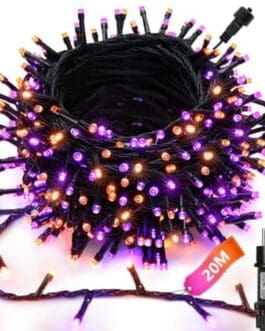 Guirlande lumineuse de Noël avec milliers de petites ampoules LED violettes et oranges, prise secteur.