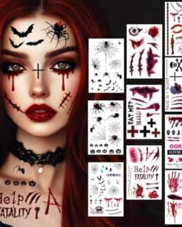 Diproclean boutique image montrant tatouages temporaires et autocollants effrayants, motifs toiles d'araignée, sorcières et slogans "Help!" pour Halloween.