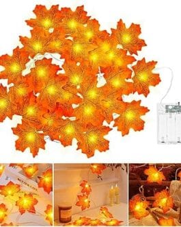 Guirlande lumineuse en feuilles d’érable orange avec module USB et piles pour décoration intérieure.