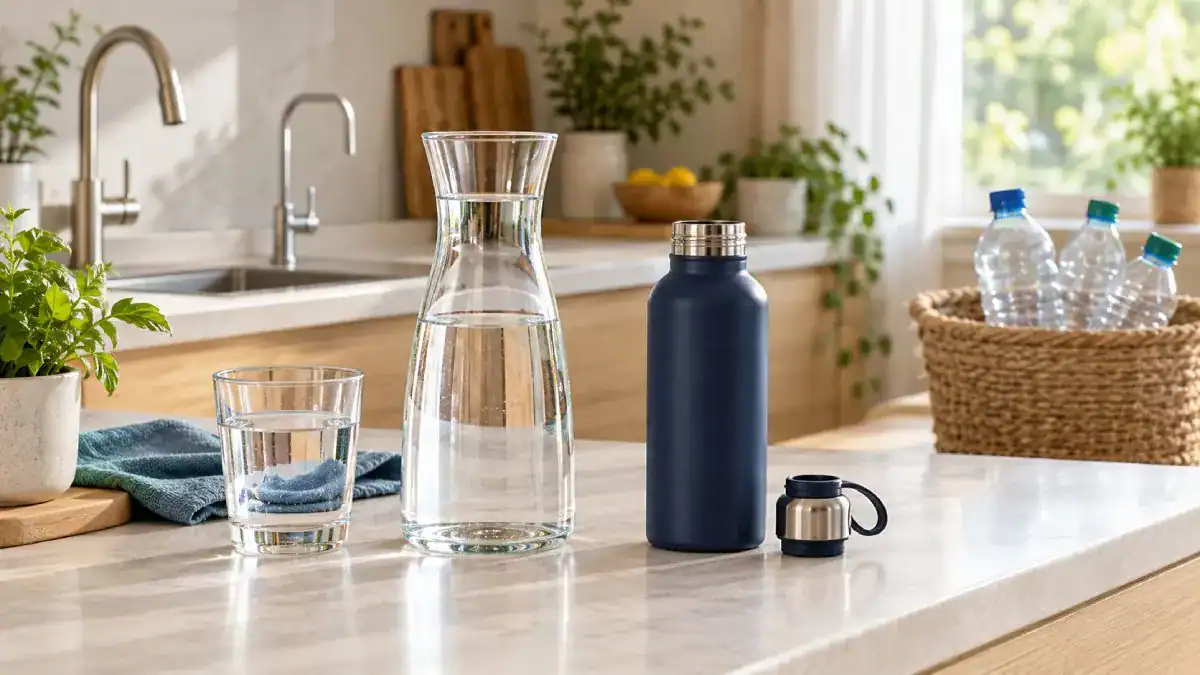 Carafe en verre et gourde r&eacute;utilisable dans une cuisine, avec des bouteilles en plastique dans un panier &agrave; l&rsquo;arri&egrave;re-plan.