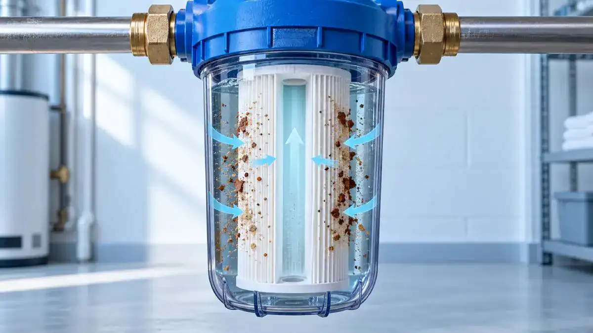 Illustration d&rsquo;un filtre &agrave; s&eacute;diments retenant des particules de sable et de rouille autour d&rsquo;une cartouche pliss&eacute;e.