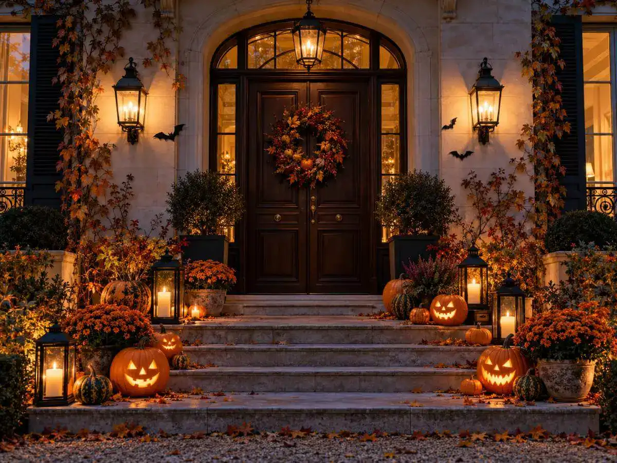 Entrée de maison décorée pour Halloween avec citrouilles lumineuses et lanternes