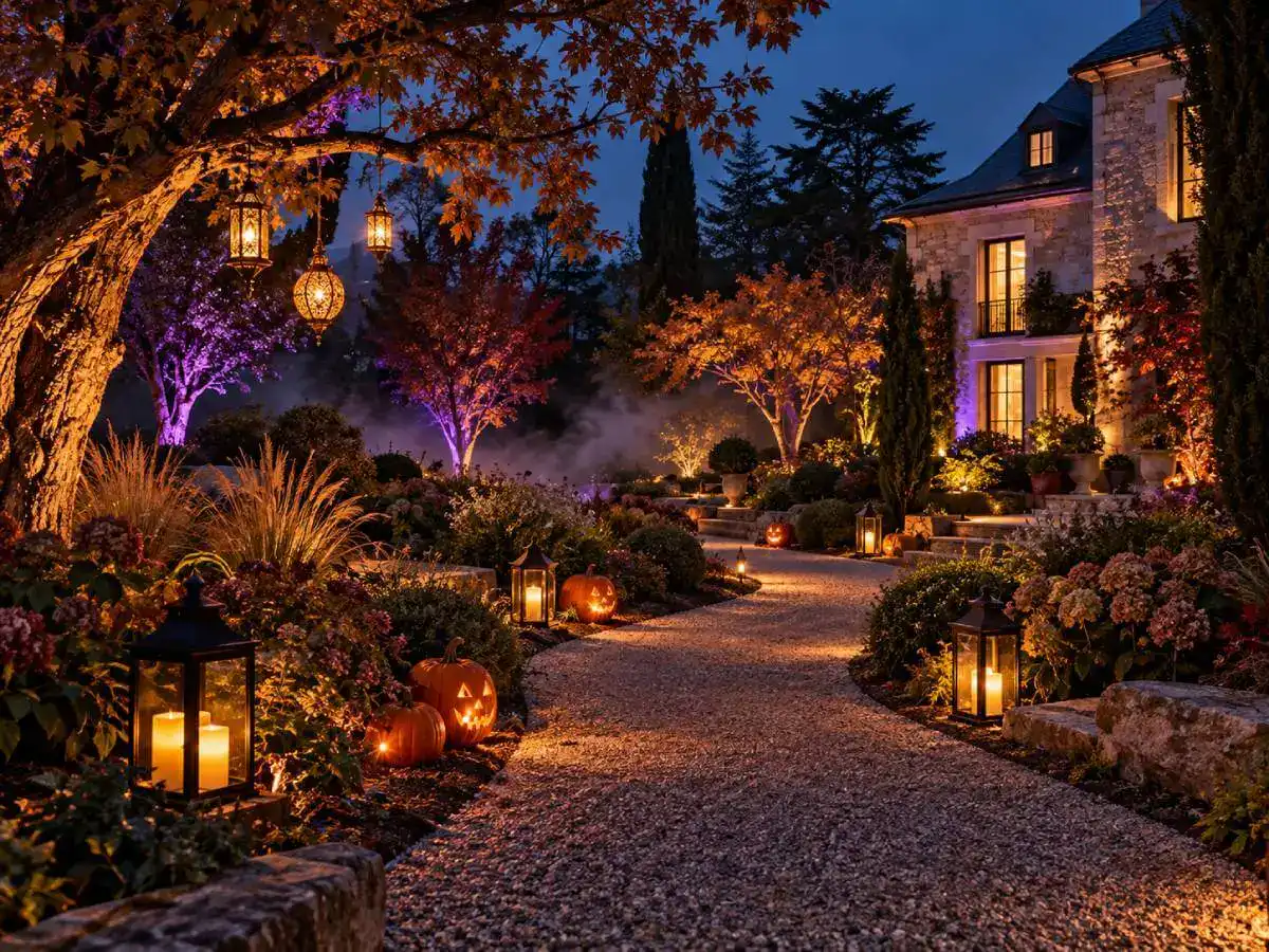 Jardin décoré pour Halloween avec éclairages orange et violet et lanternes