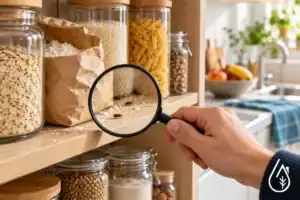 Mains examinant des grains et cacahuètes dans une cuisine avec loupe, image liée à la sécurité alimentaire et à la prévention des nuisibles.