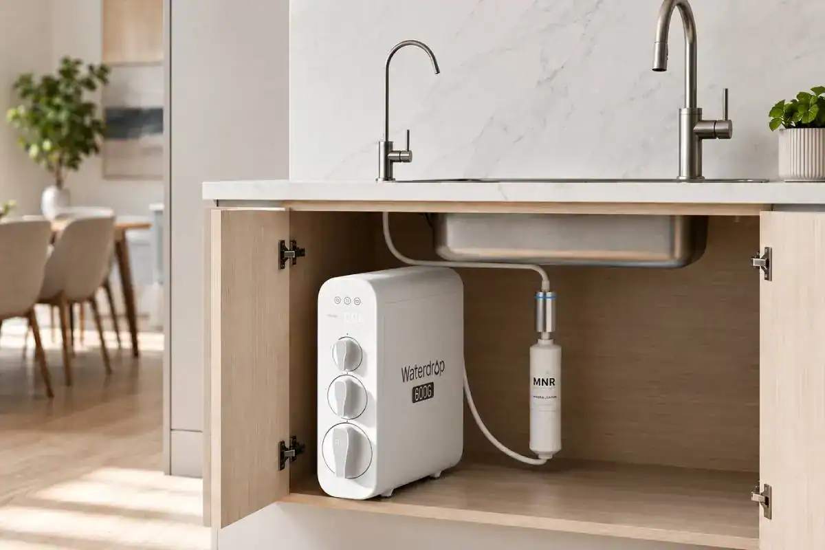 Osmoseur inverse installé sous un évier de cuisine