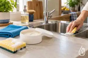 Nettoyage efficace d&rsquo;une surface de cuisine avec &eacute;ponge, brosse et produit sur plan de travail en granit.