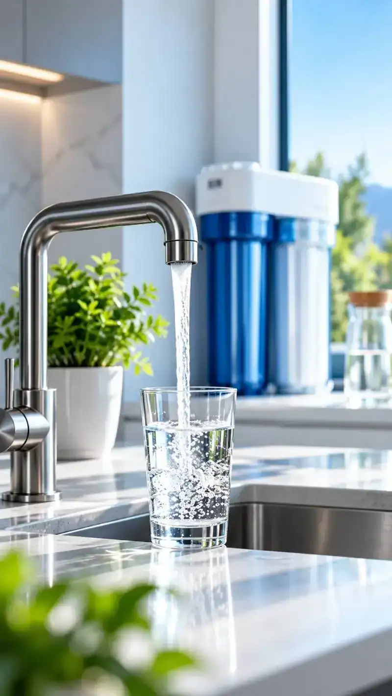 Eau filtrée versée au robinet dans un verre