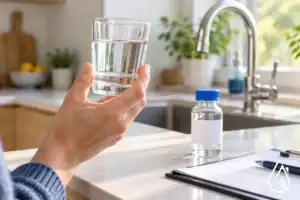 Verre d’eau clair tenu par une main dans une cuisine lumineuse près d’un évier et d’un flacon portant étiquette.