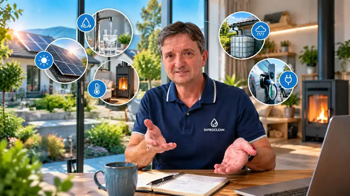 Conseils DIPROCLEAN sur les équipements de la maison : filtration de l'eau, énergie solaire, chauffage, récupération d'eau de pluie et mobilité électrique