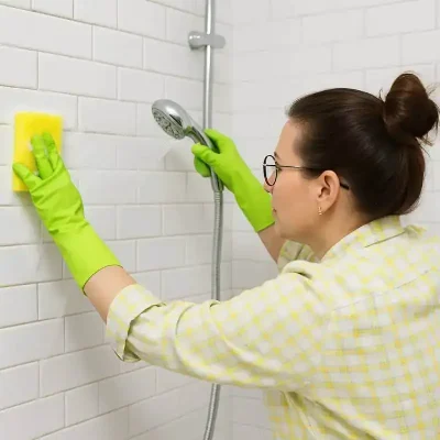 Nettoyage douche avec éponge et gant en caoutchouc vert, femme en tenue de nettoyage professionnel, hygiène et entretien des sanitaires, produits de nettoyage, entretien intérieur.