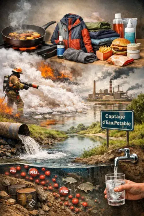 Déversement PFAS dans l’eau, incendie dans l’industrie chimique, nettoyage sur site, polling environmental hazards.